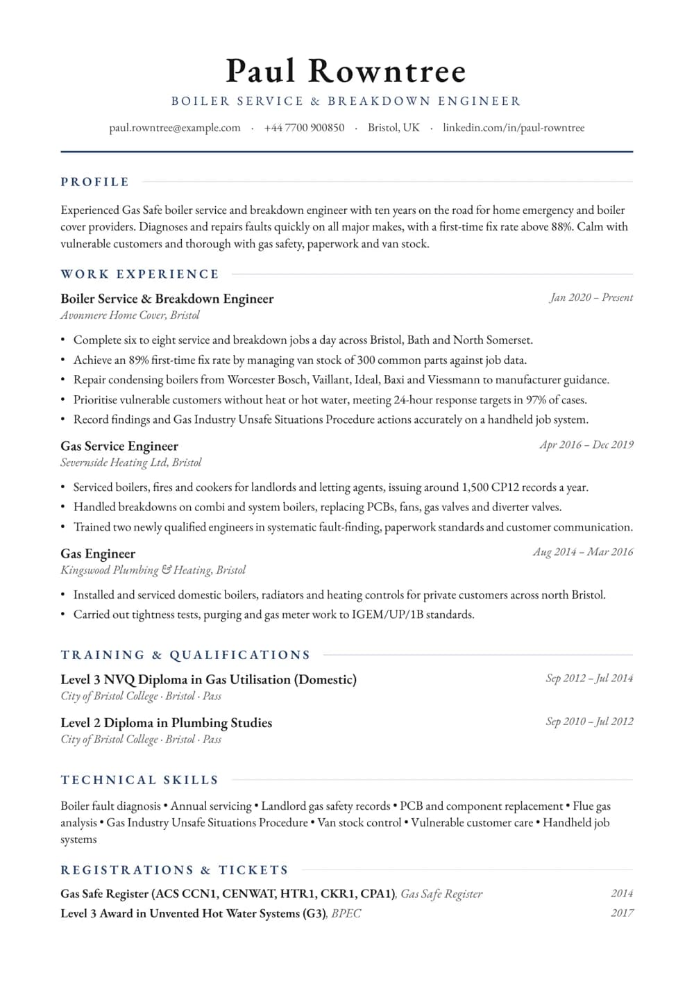 Boiler Service Engineer CV template