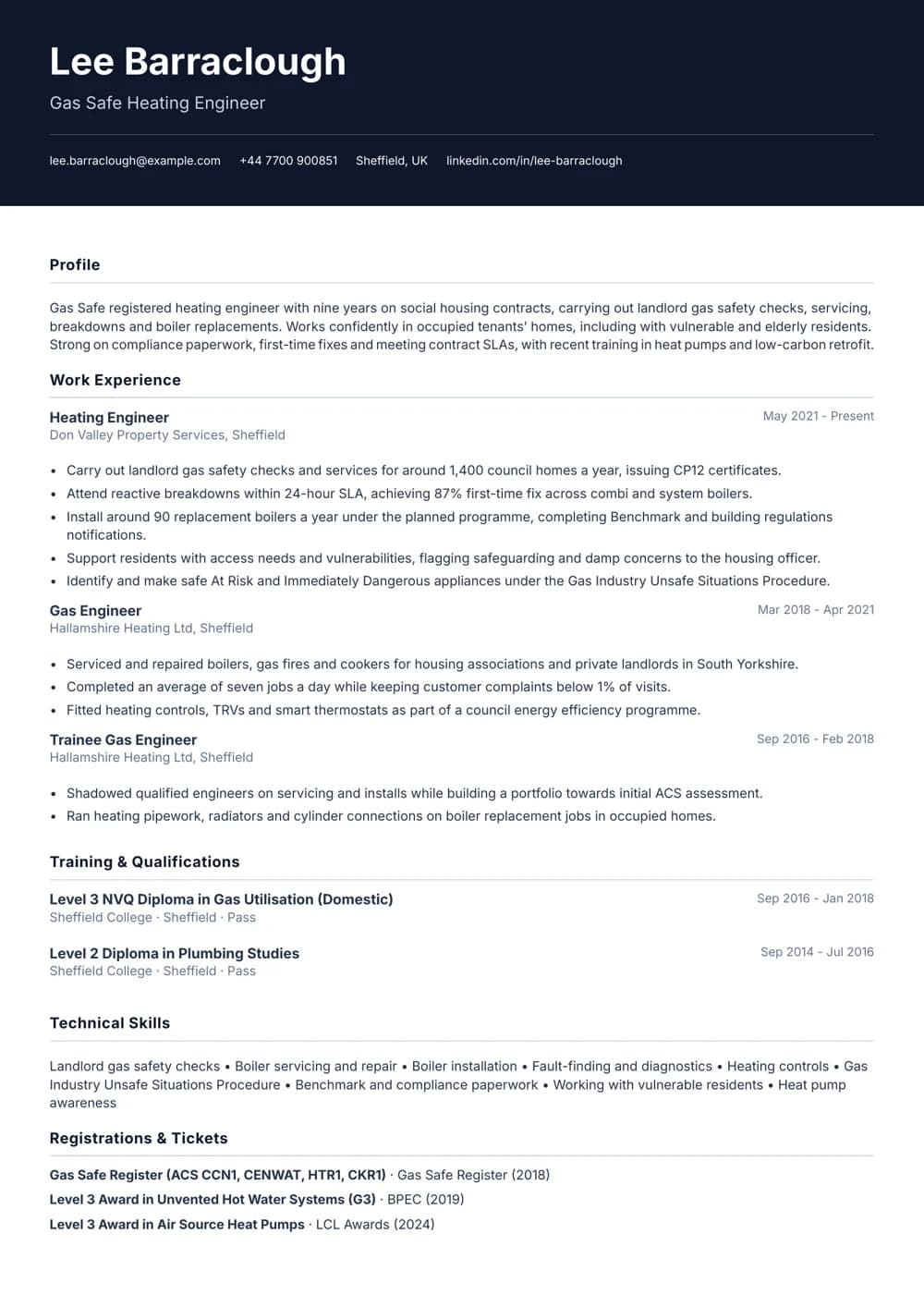 Social Housing Heating Engineer CV template