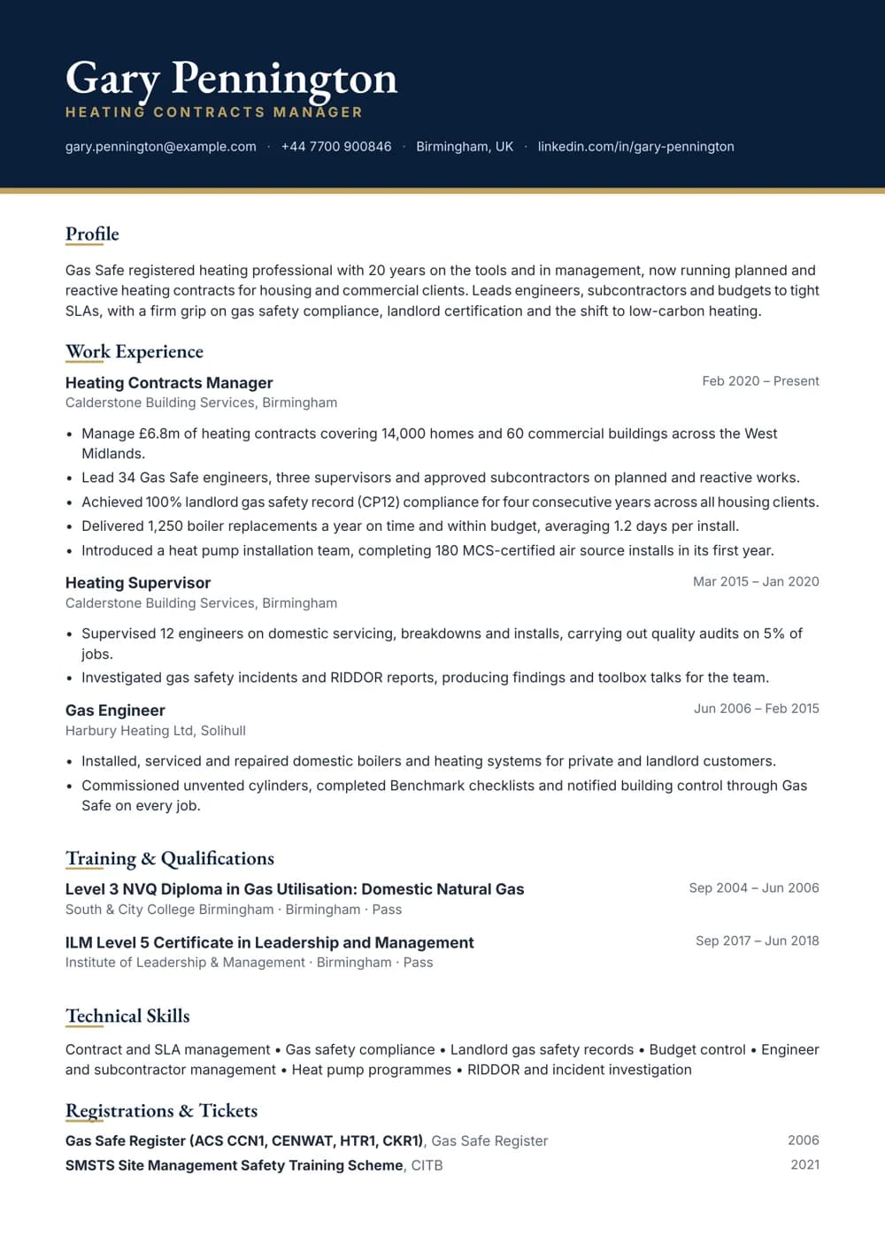 Heating Contracts Manager CV template