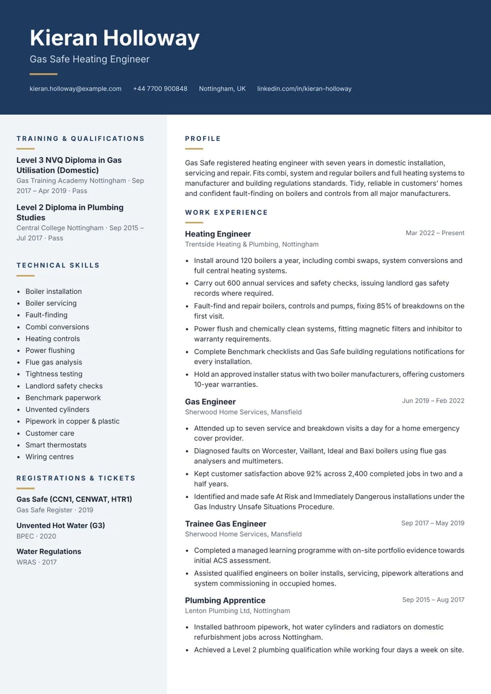 Gas Safe Heating Engineer CV template