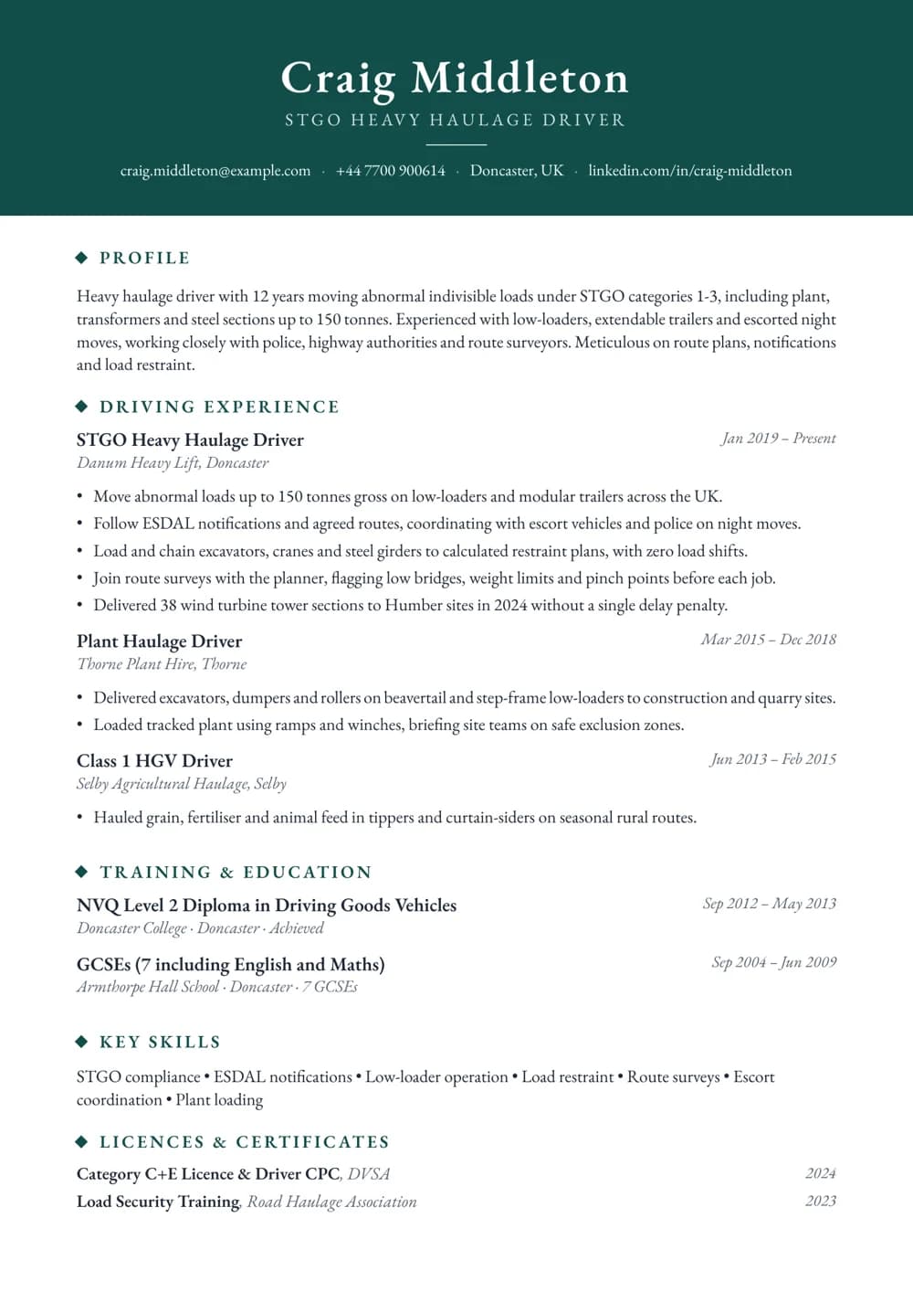 abnormal loads driver cv template