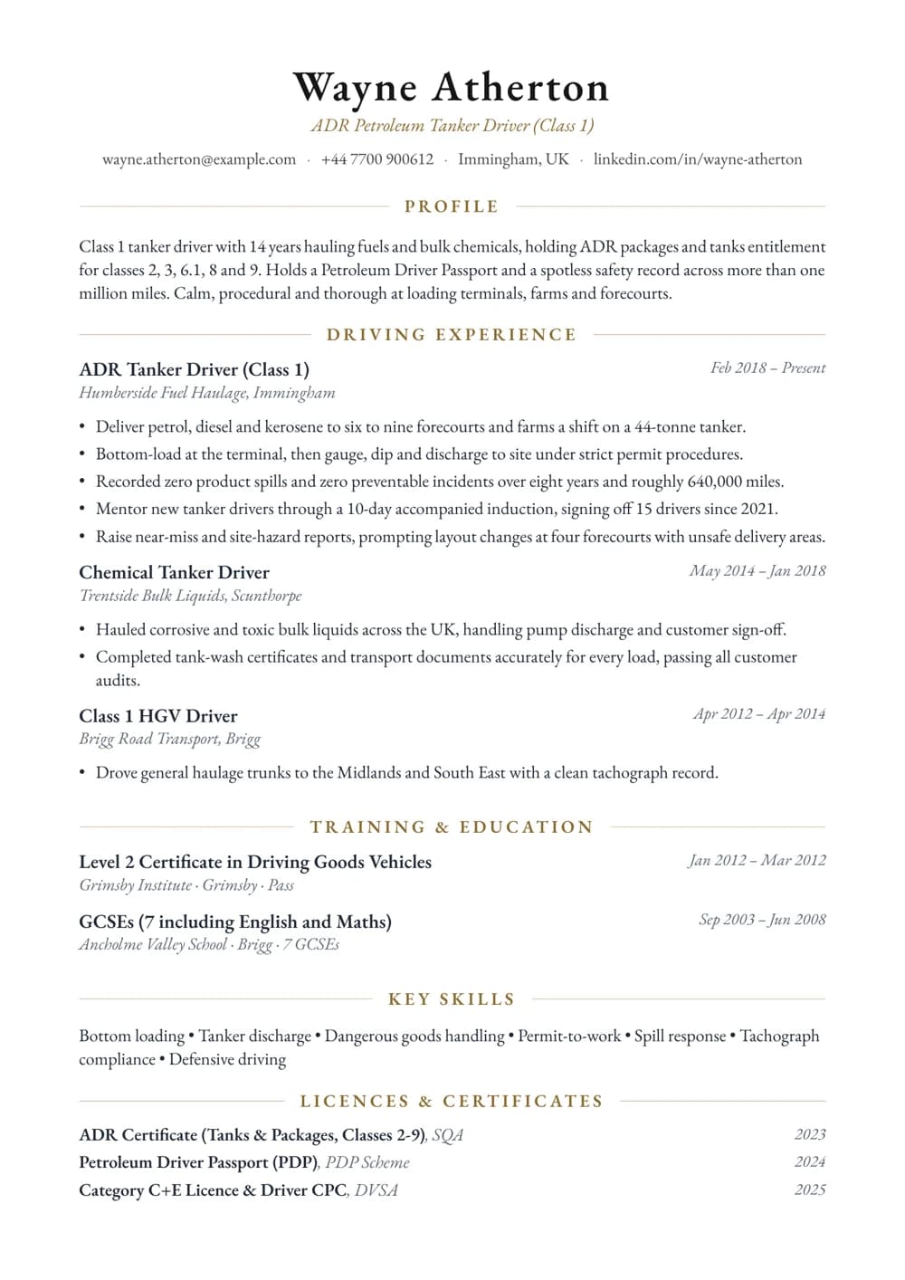 ADR Tanker Driver CV template
