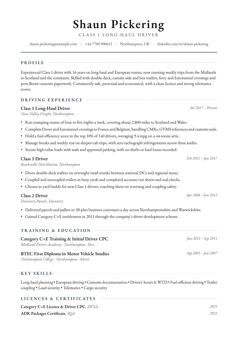 Long-Haul Artic Driver CV template
