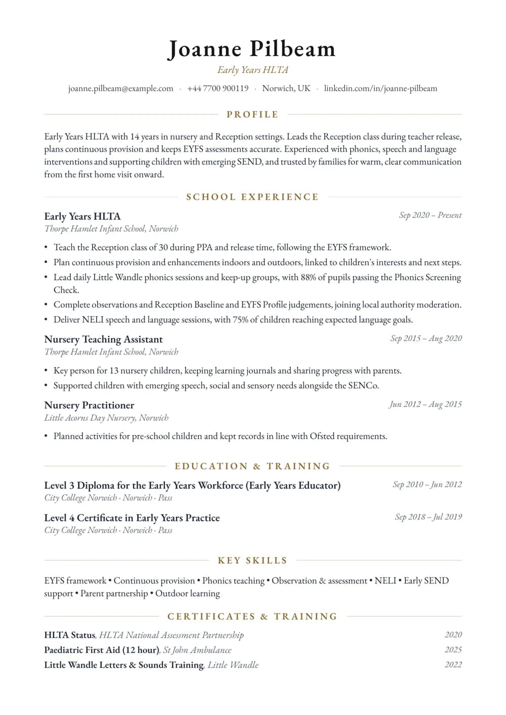 Early Years HLTA CV template