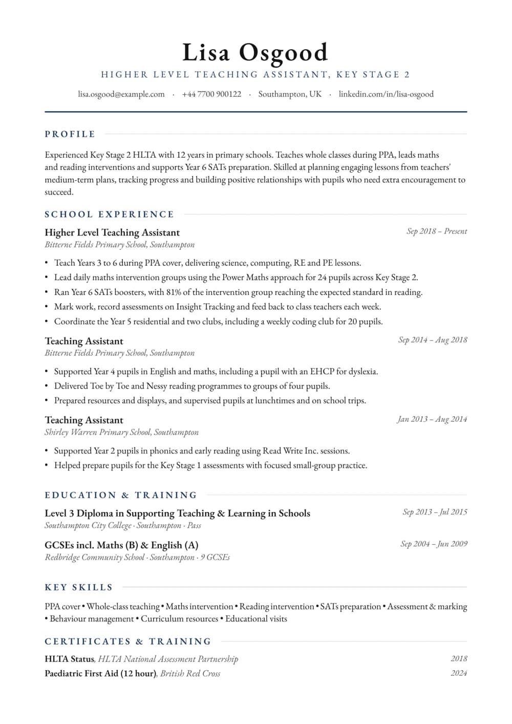 Key Stage 2 HLTA CV template