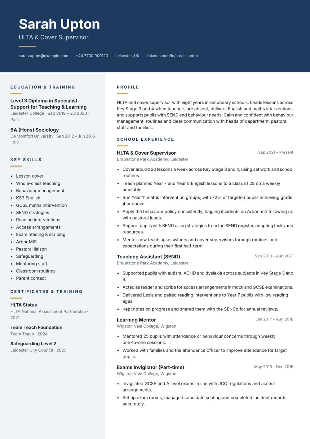 Cover Supervisor HLTA CV template