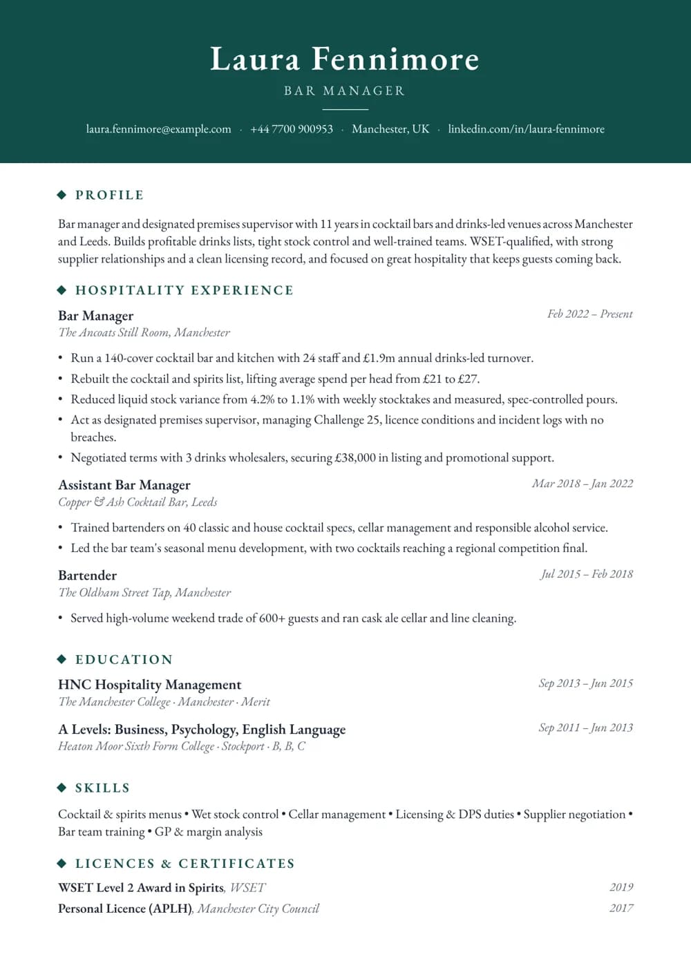 bar & beverage manager cv template