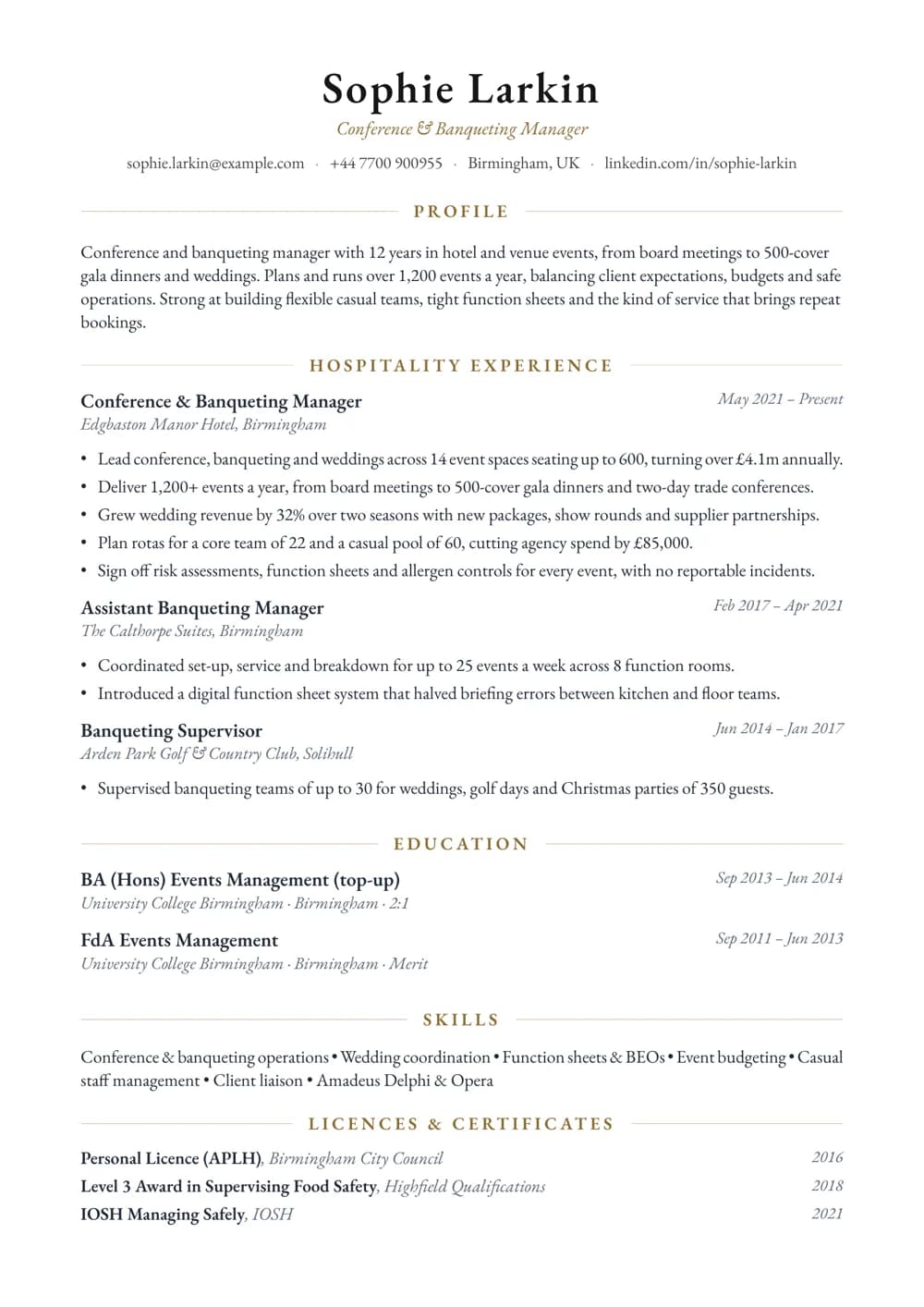 events & banqueting manager cv template