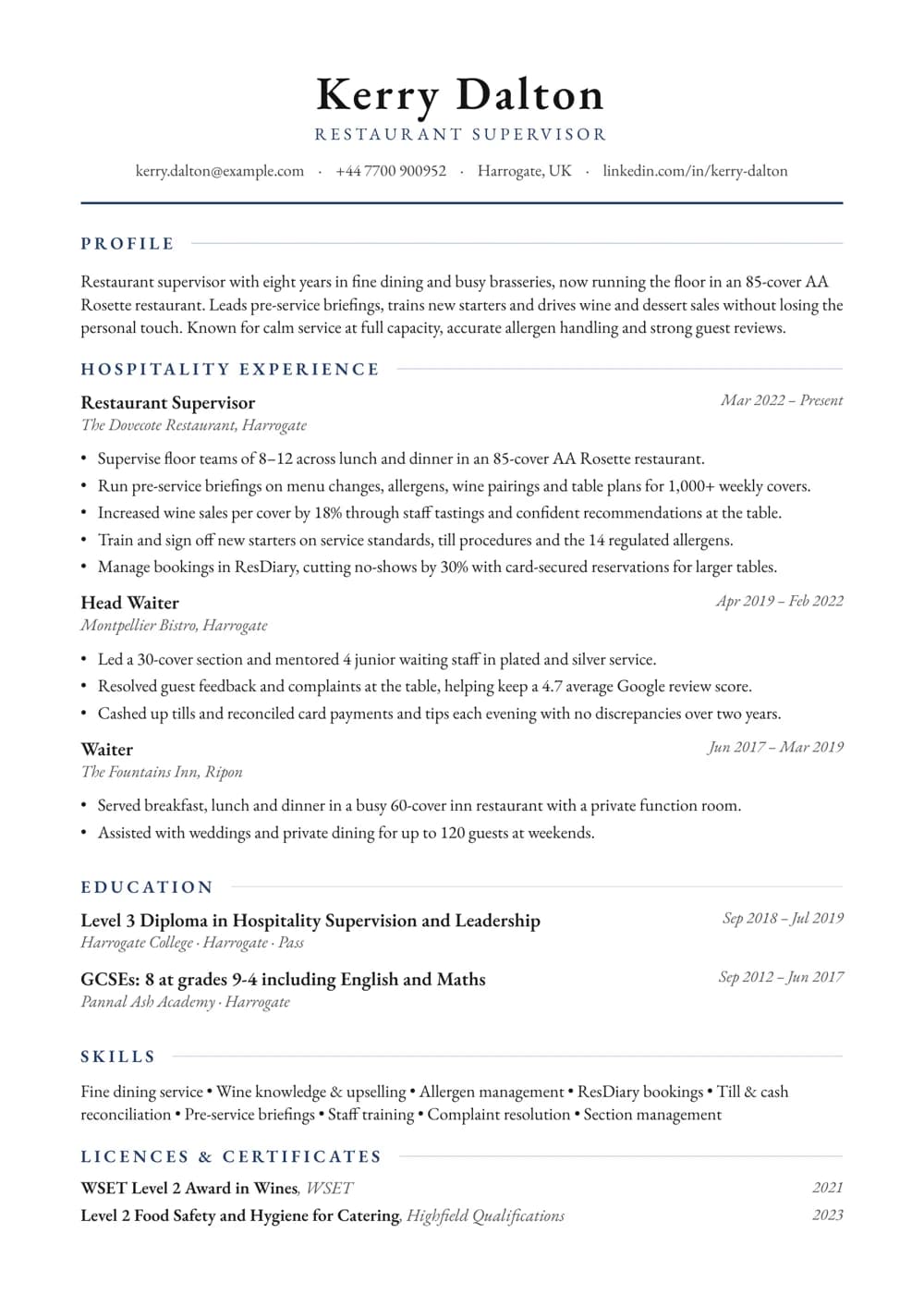 restaurant supervisor cv template