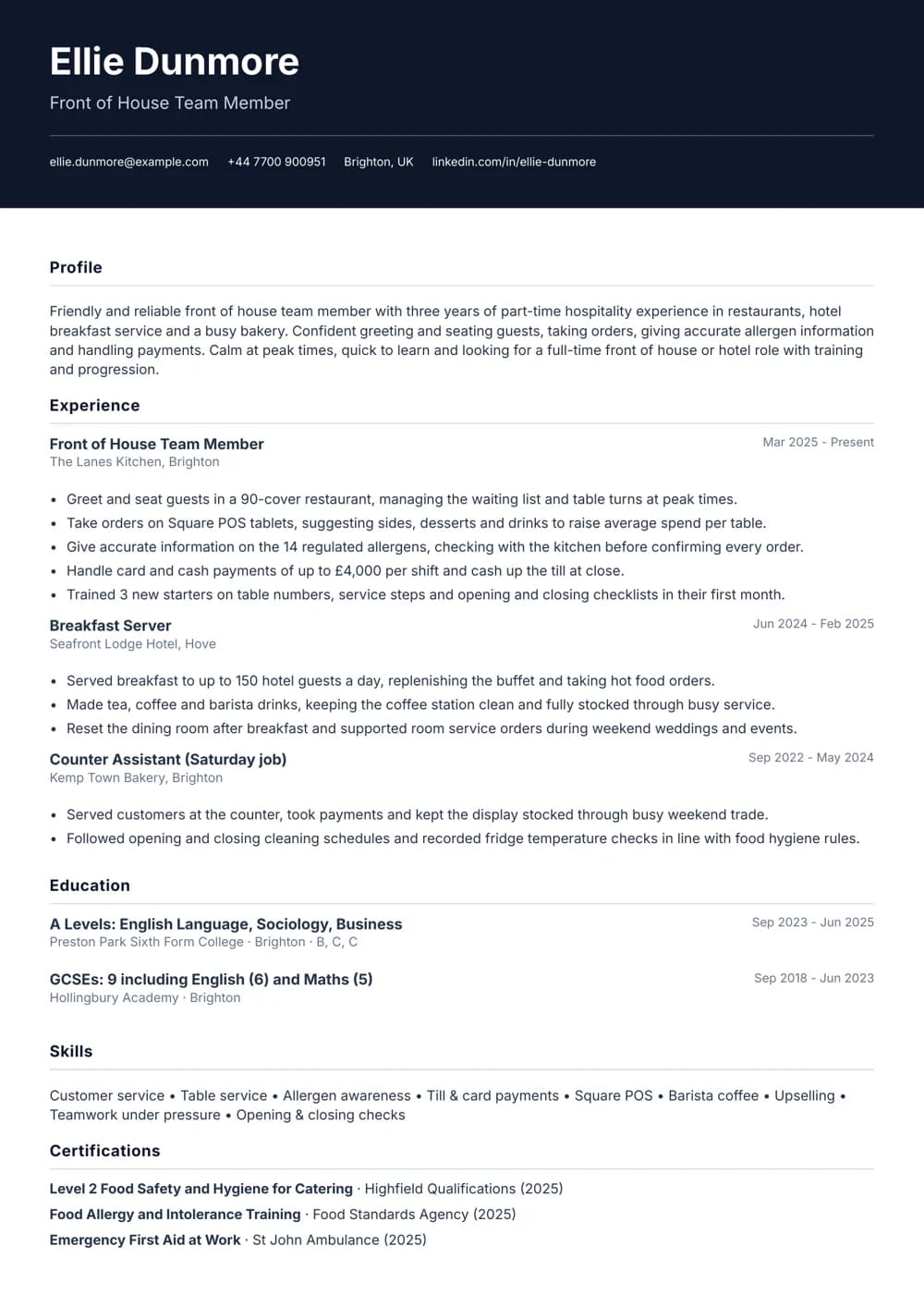 front of house team member cv template