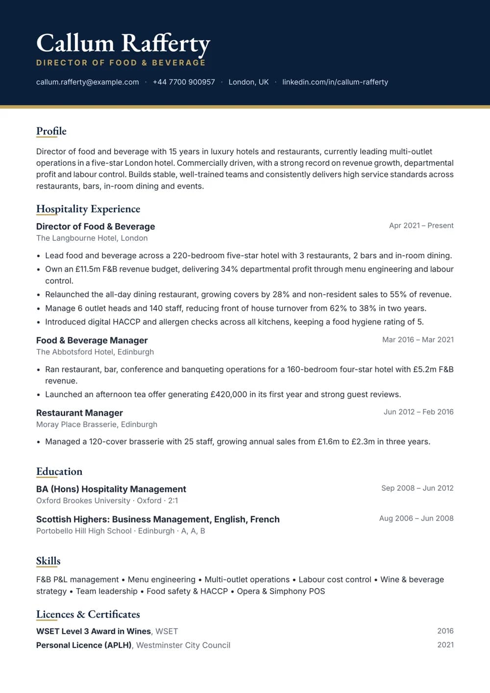 director of food & beverage cv template