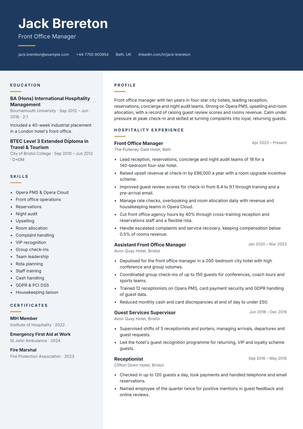 front office manager cv template