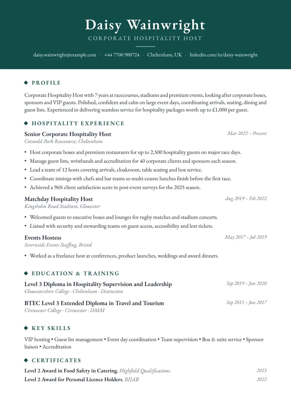 corporate hospitality host cv template