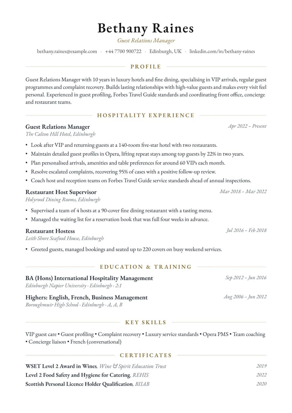 Guest Relations Manager CV template