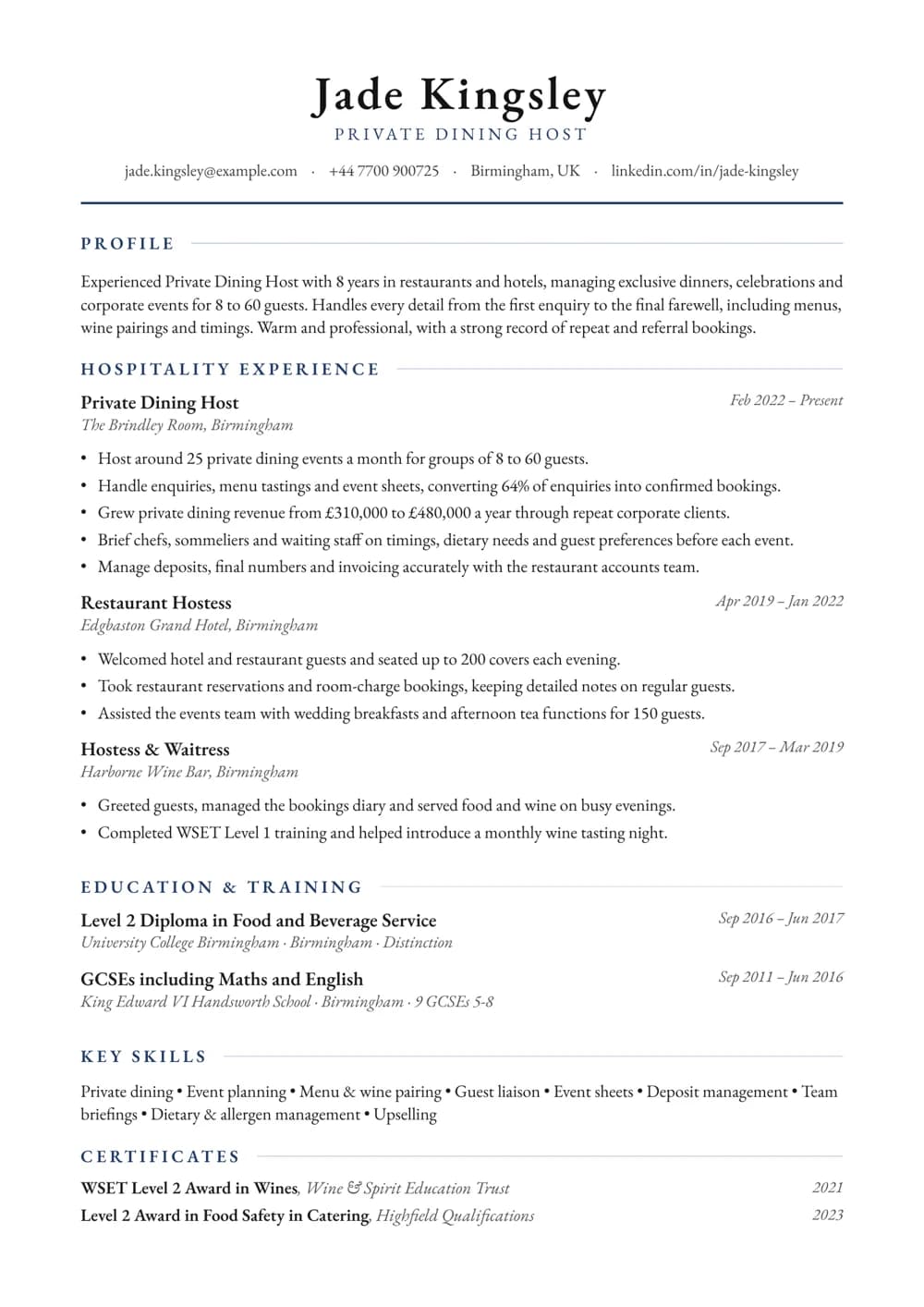 Private Dining Host CV template