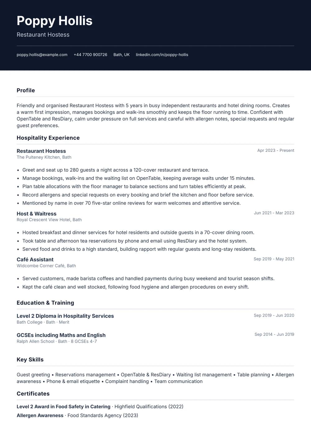 restaurant hostess cv template