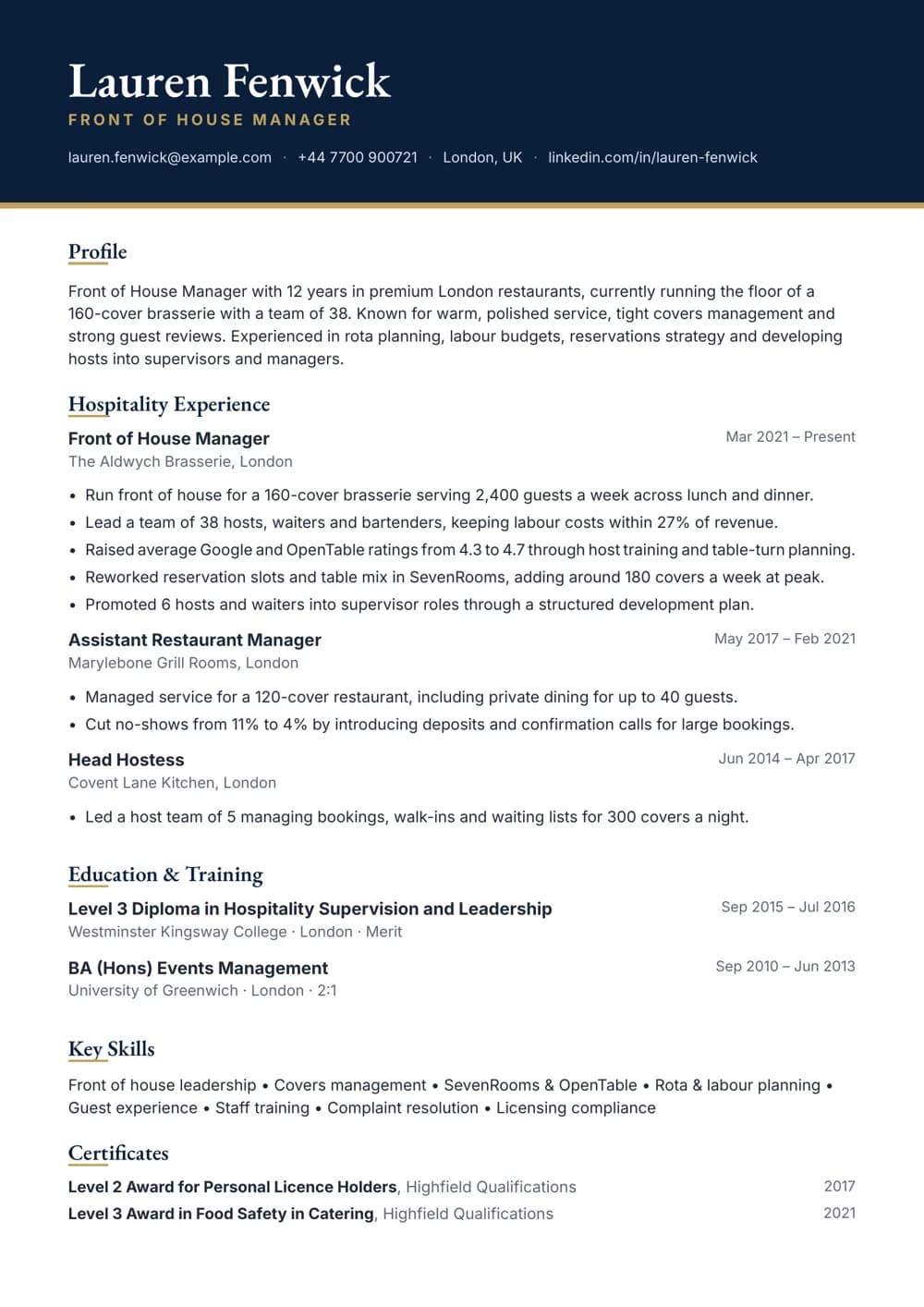 front of house manager cv template