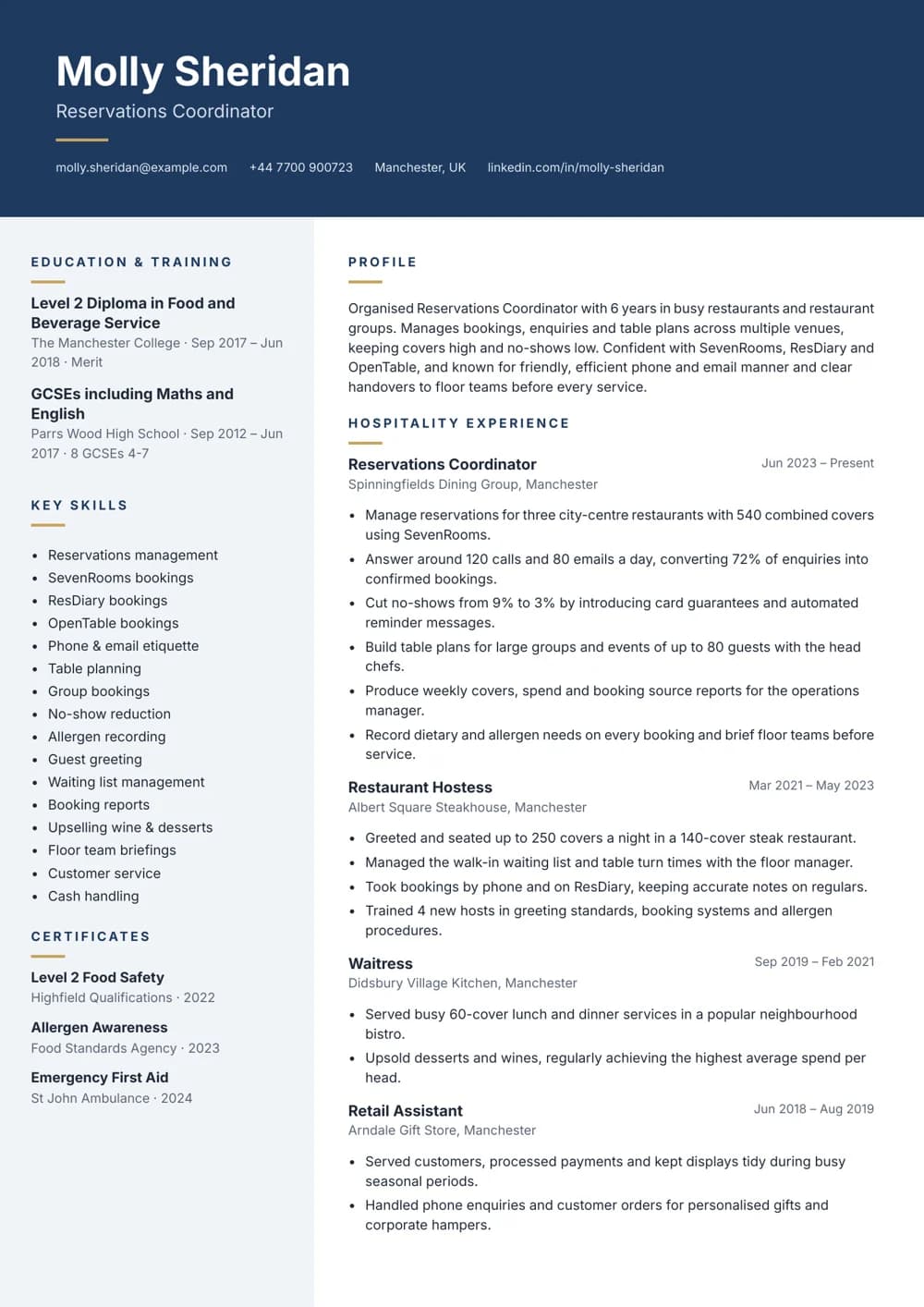 Reservations Coordinator CV template
