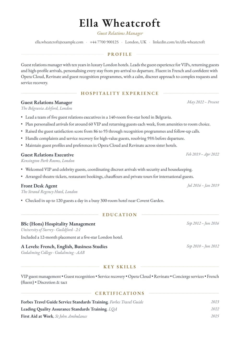 Guest Relations Manager CV template