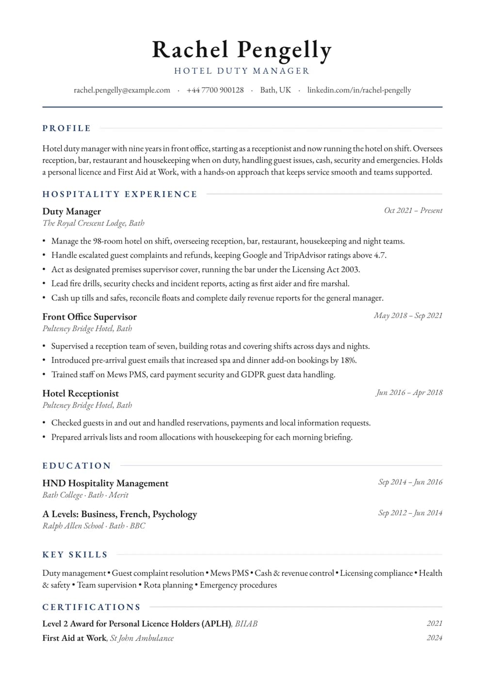 Duty Manager CV template