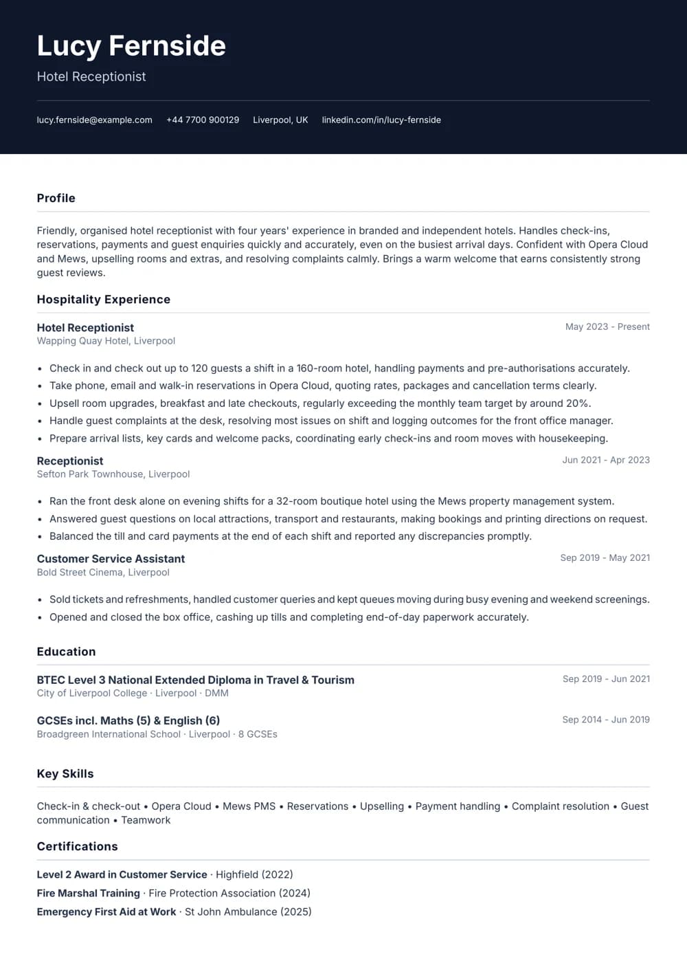 hotel receptionist cv template