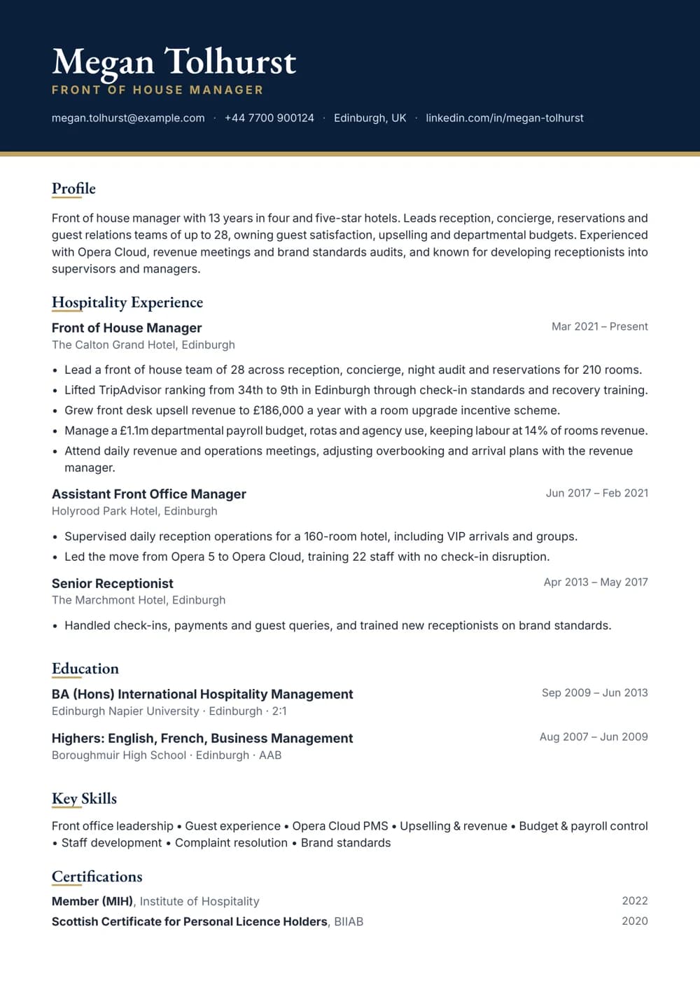 front of house manager cv template
