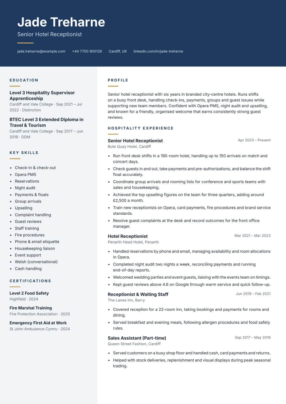 Senior Hotel Receptionist CV template
