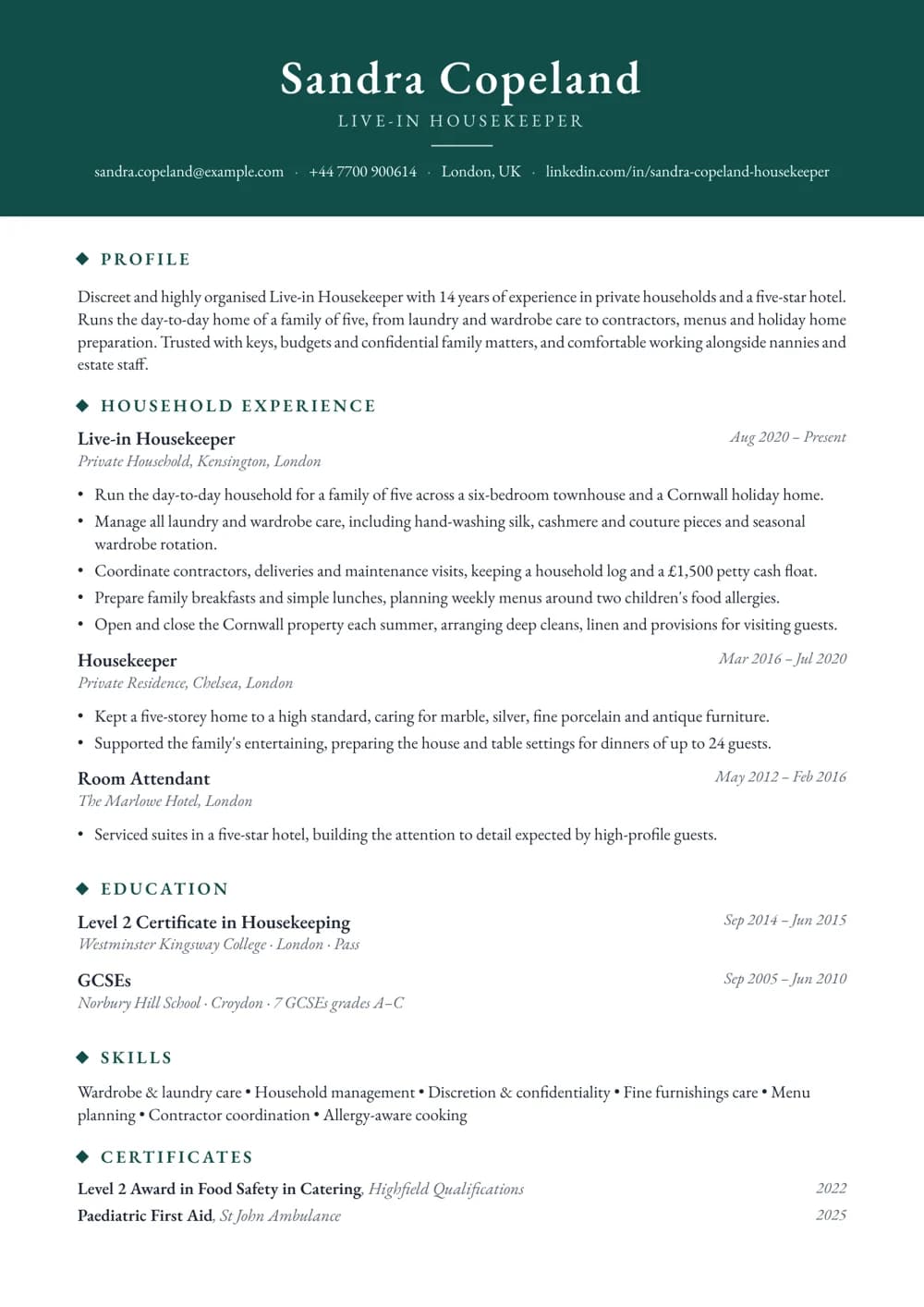 Live-in Housekeeper CV template