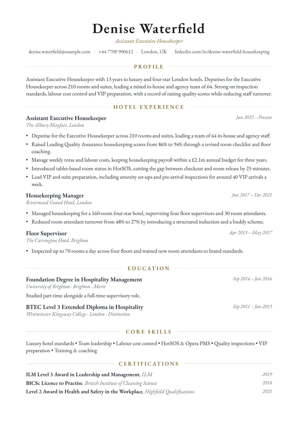 Assistant Executive Housekeeper CV template