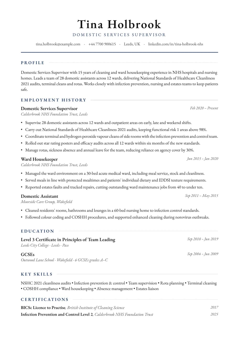 Domestic Services Supervisor CV template