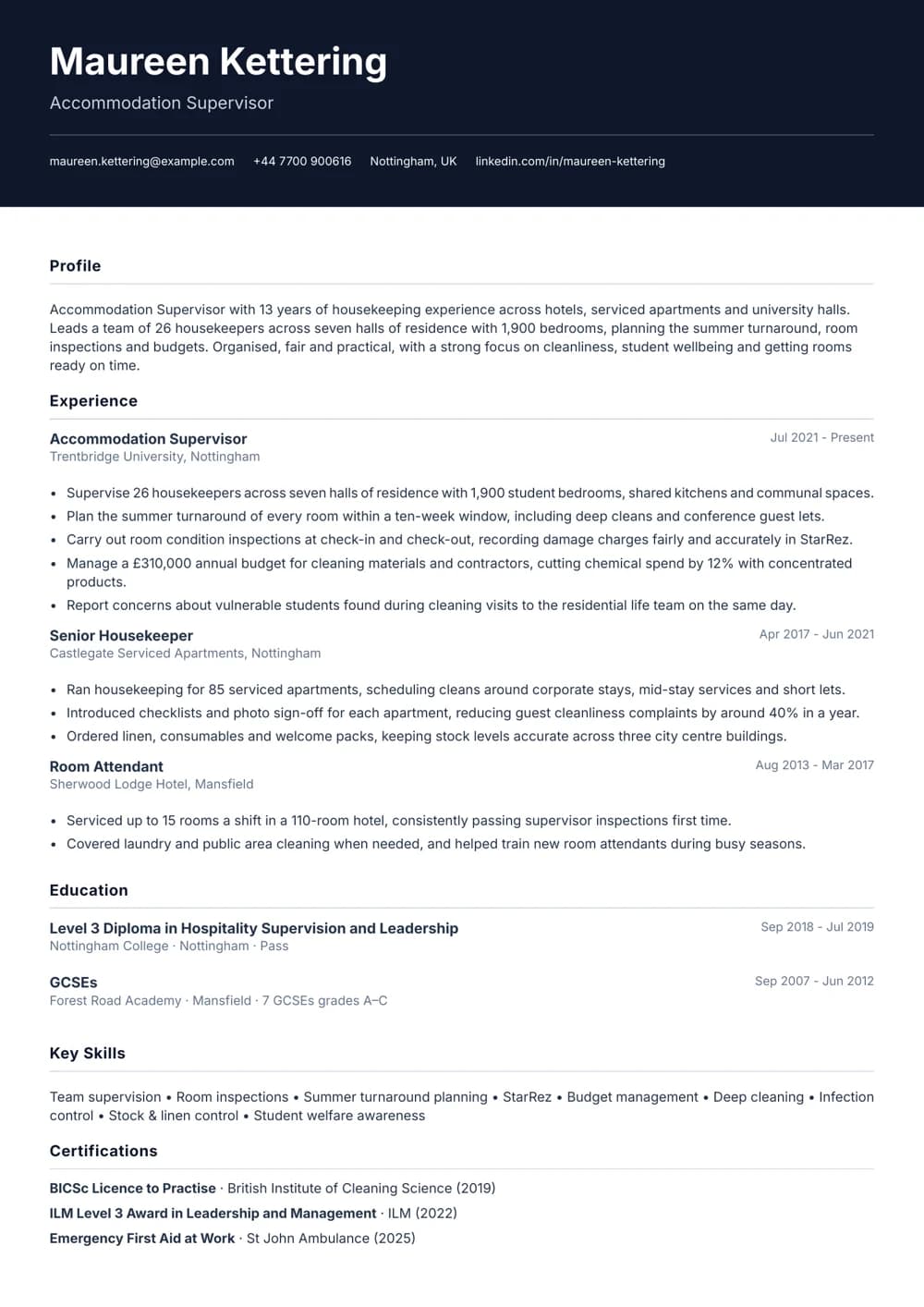 Accommodation Supervisor CV template