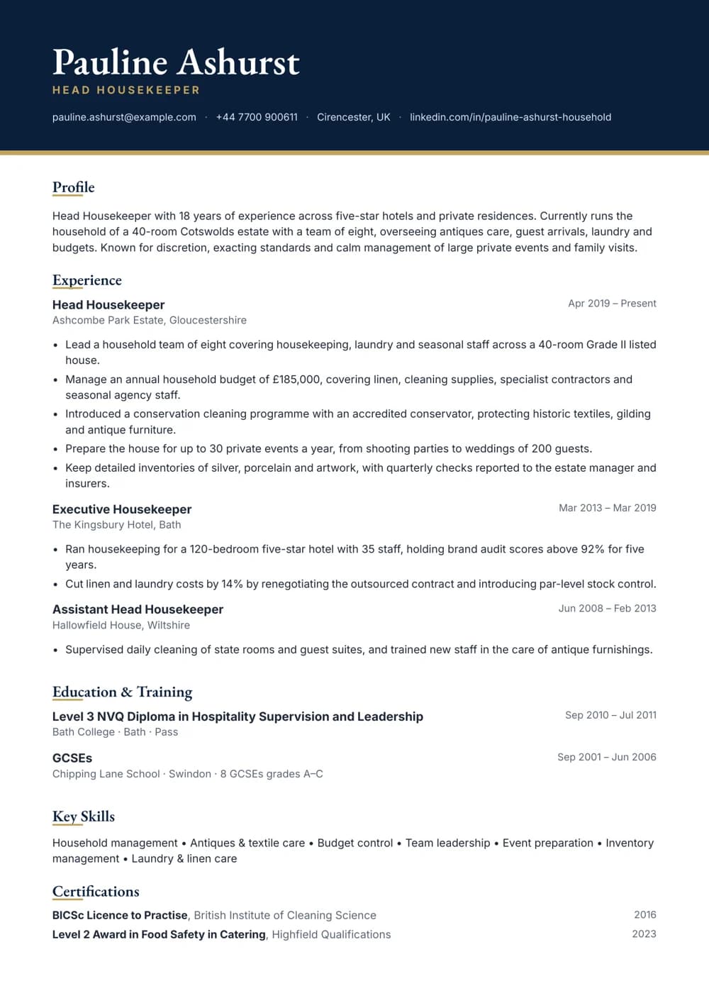Head Housekeeper CV template
