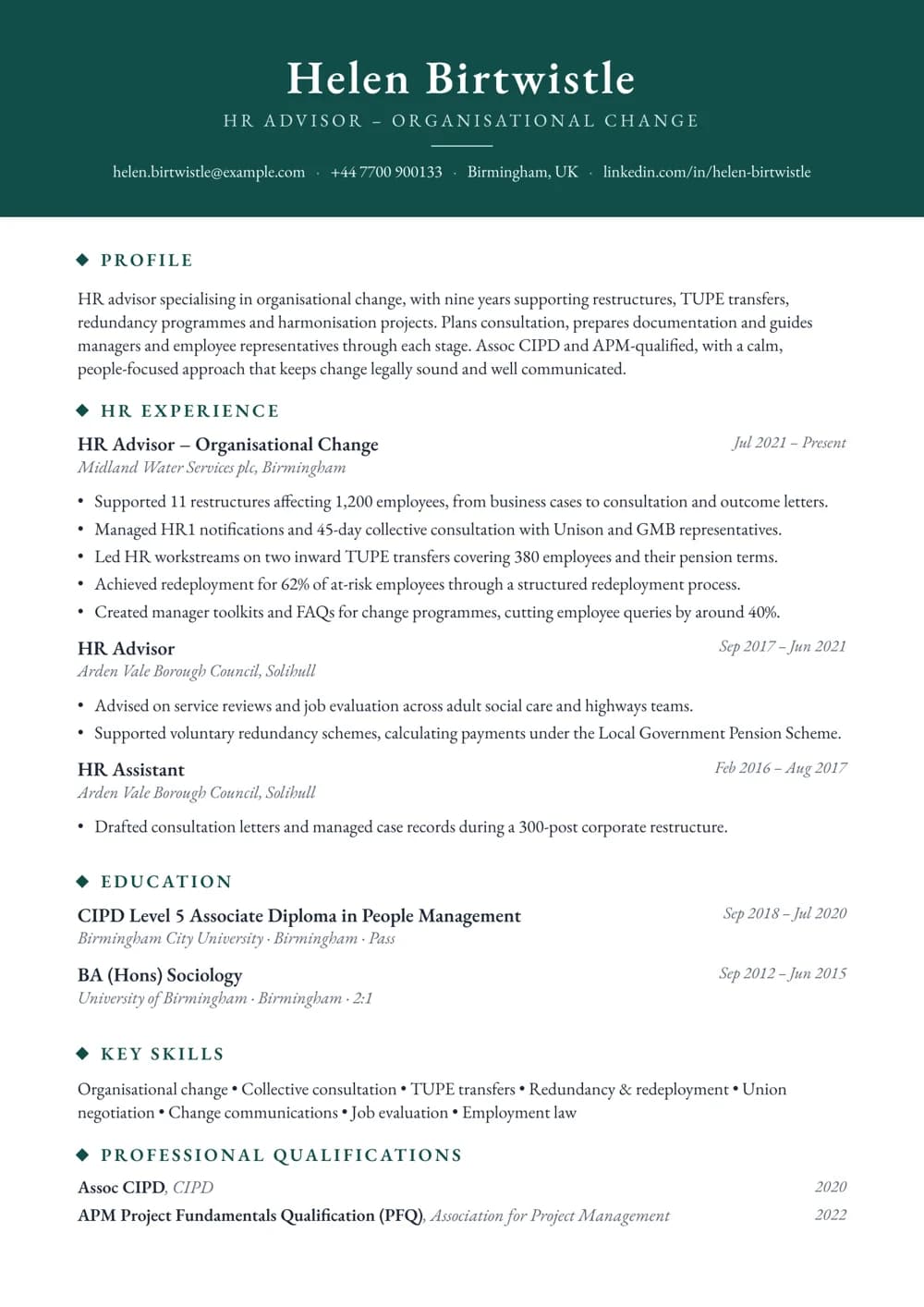 organisational change advisor cv template