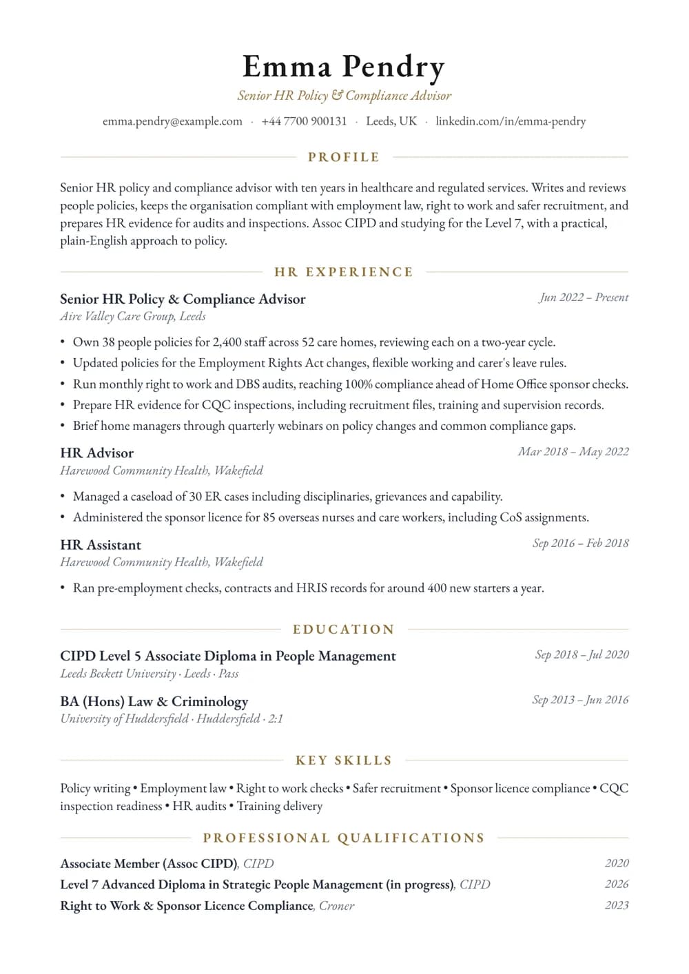 HR Policy & Compliance Advisor CV template