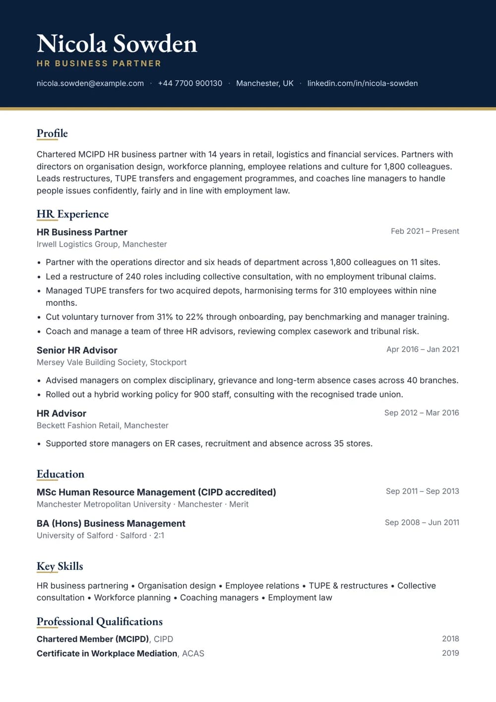 hr business partner cv template
