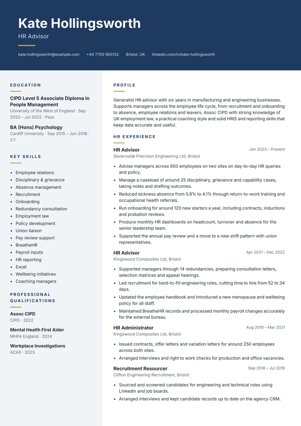 Generalist HR Advisor CV template