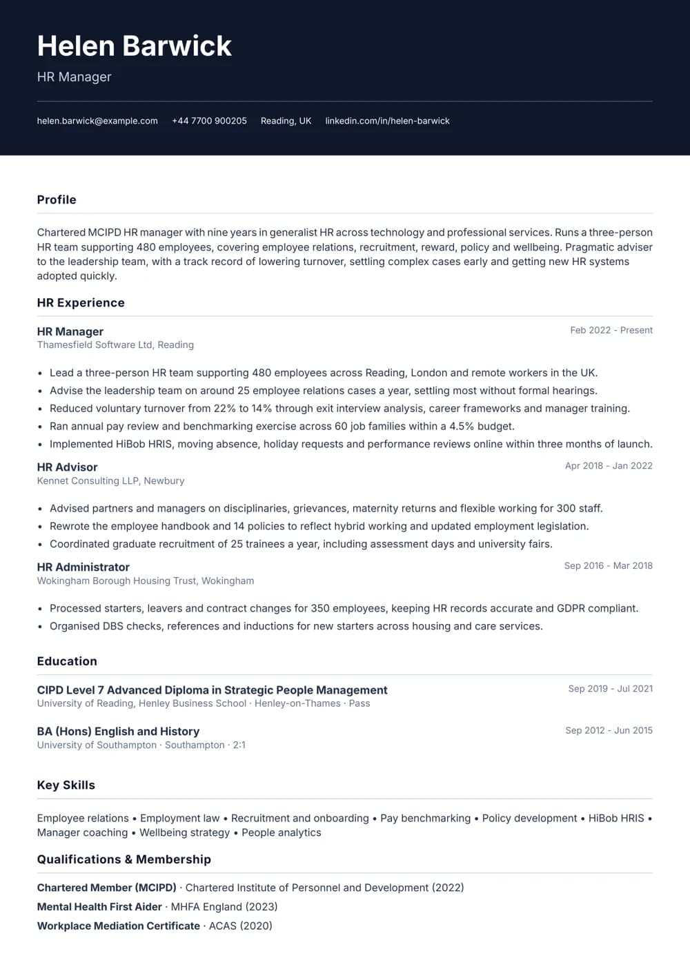 hr manager cv template