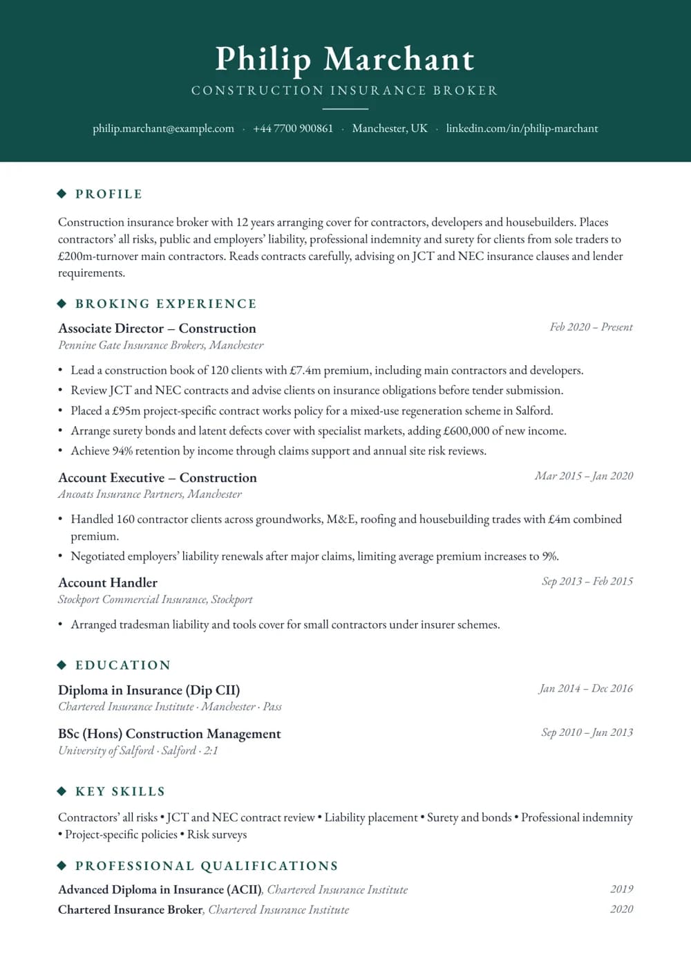 Construction Insurance Broker CV template