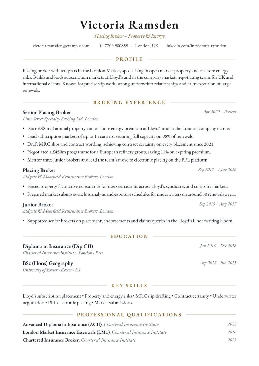 Lloyd's Placing Broker CV template