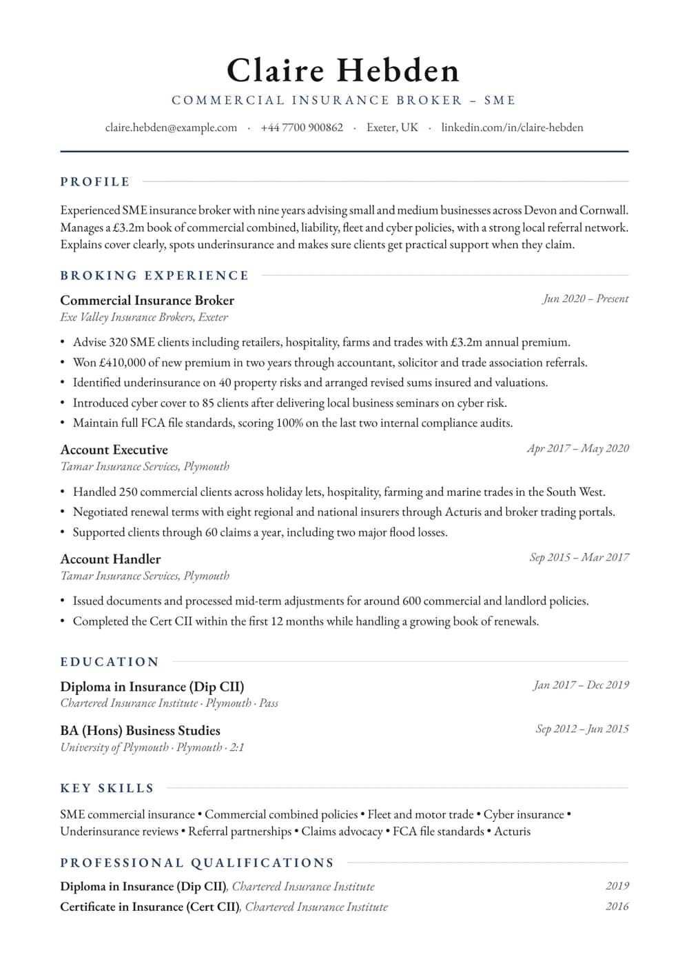SME Insurance Broker CV template