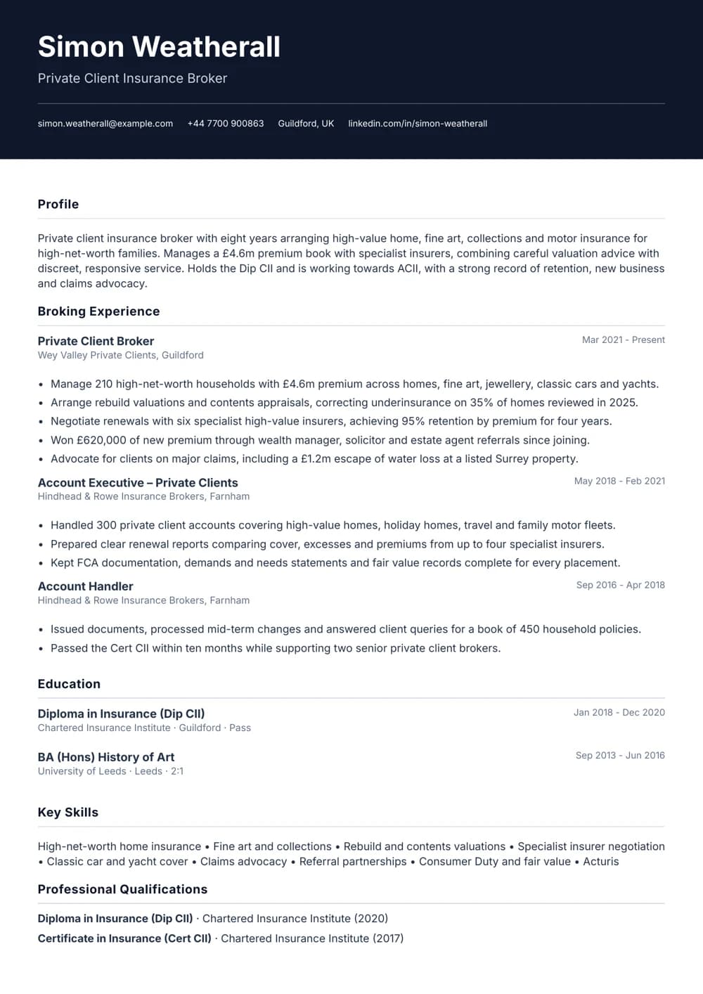 Private Client Insurance Broker CV template