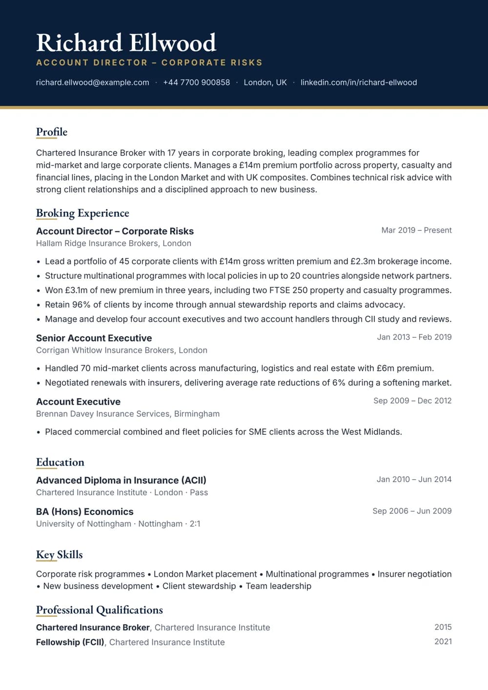 Broking Account Director CV template