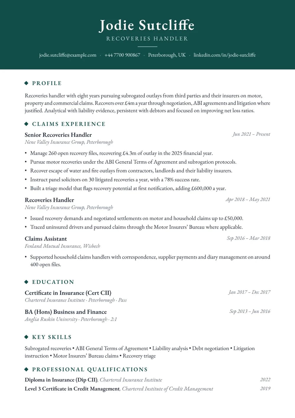 Subrogation & Recovery Handler CV template