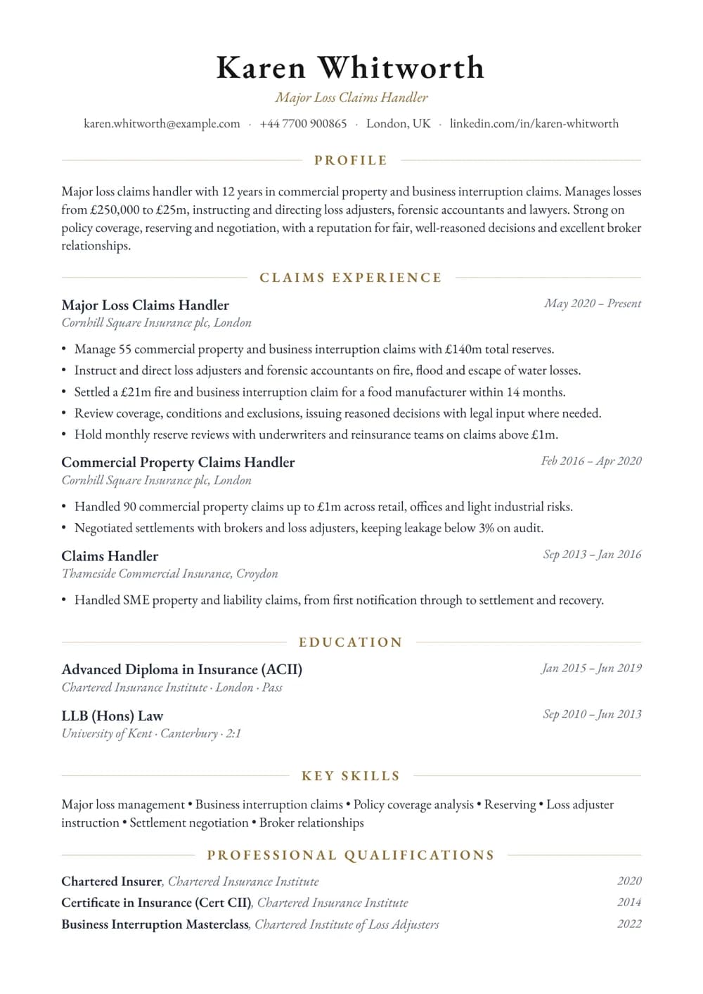 Major Loss Claims Handler CV template