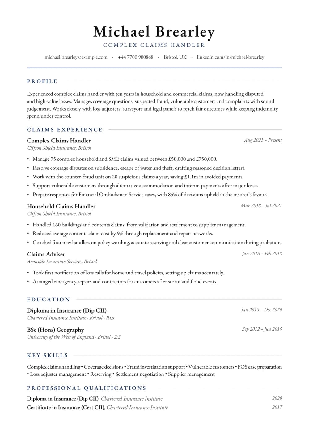 Complex Claims Handler CV template