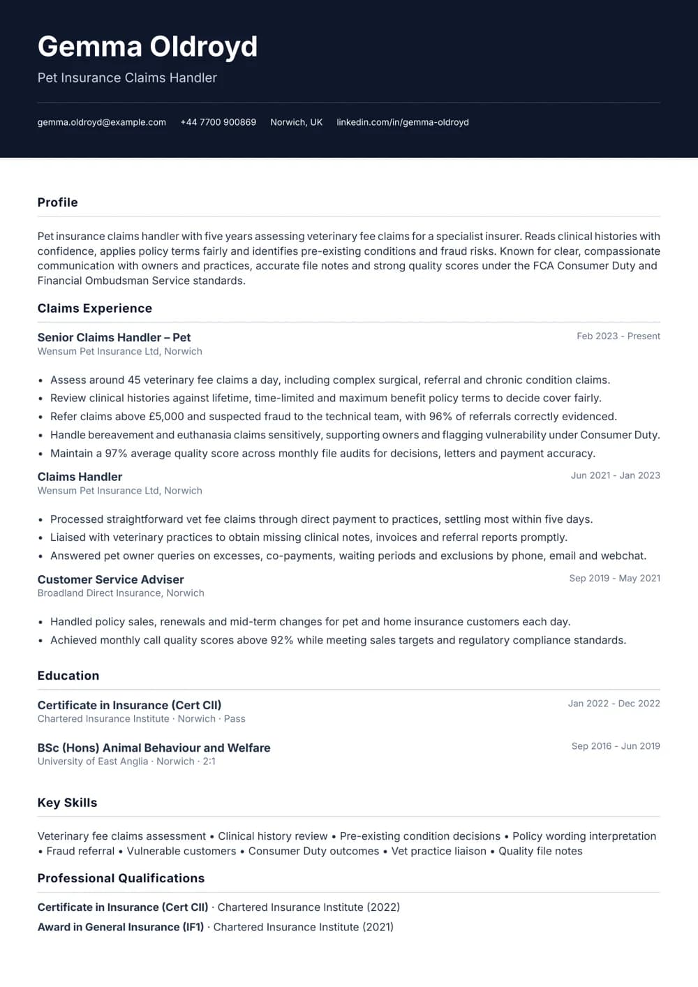 Pet Insurance Claims Handler CV template