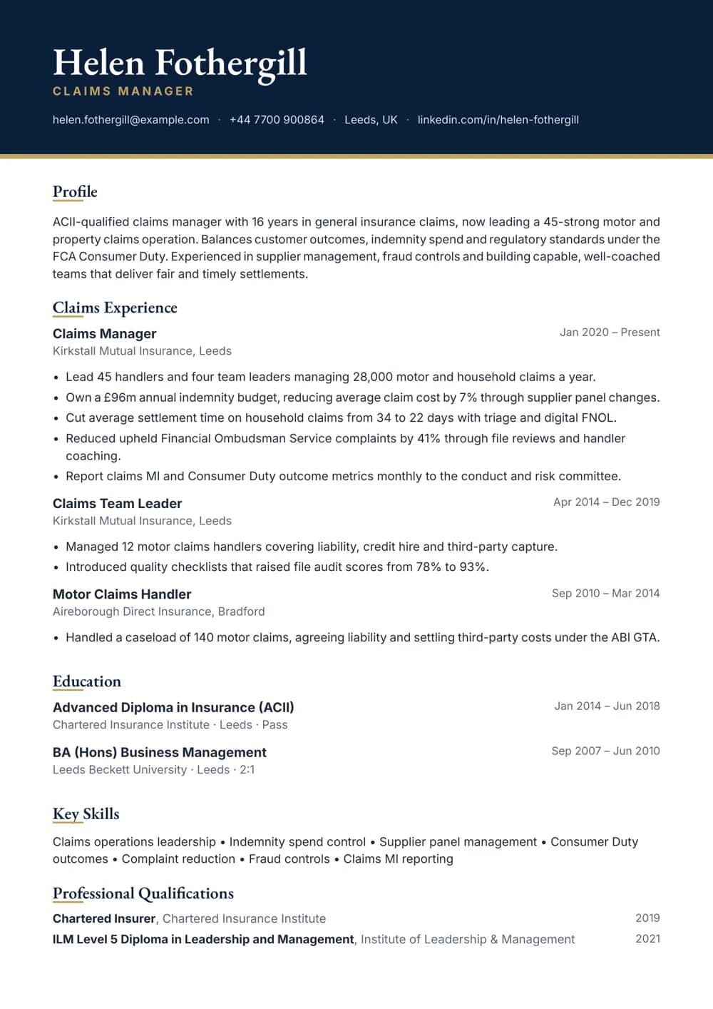 Claims Manager CV template