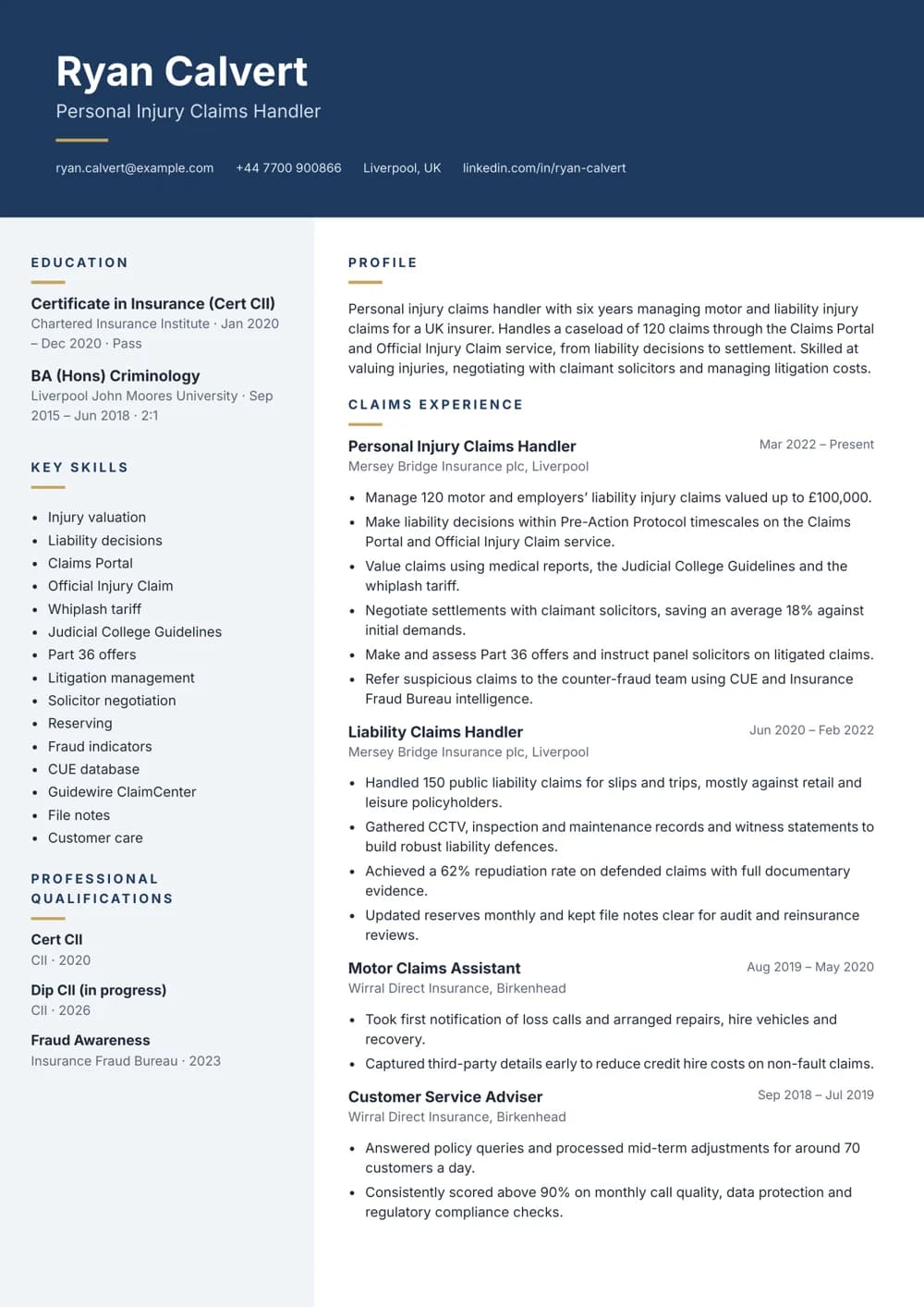 Personal Injury Claims Handler CV template