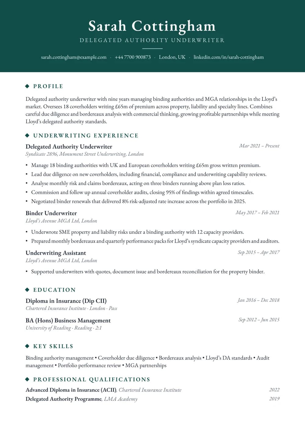 Delegated Authority Underwriter CV template