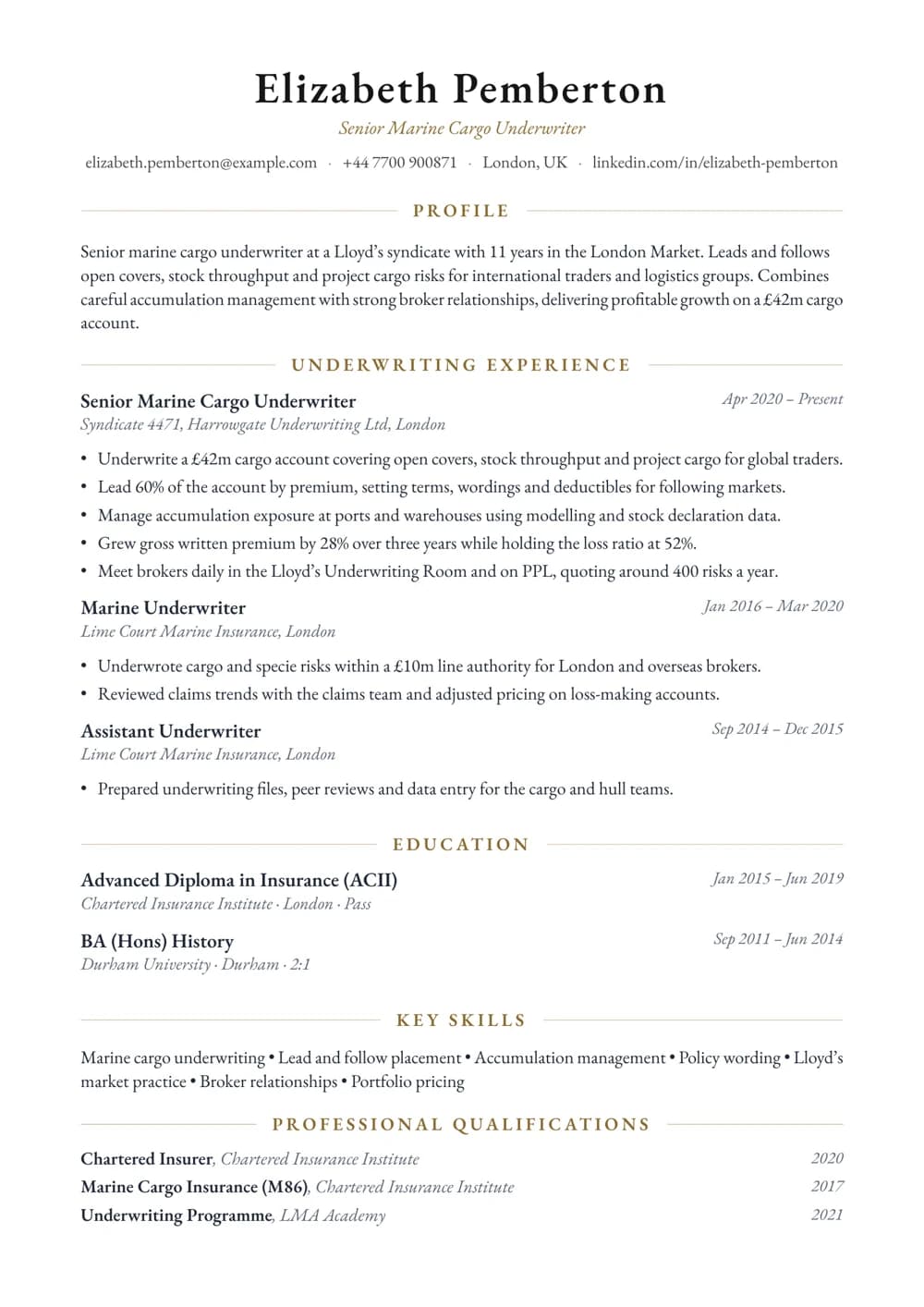 Marine Cargo Underwriter CV template